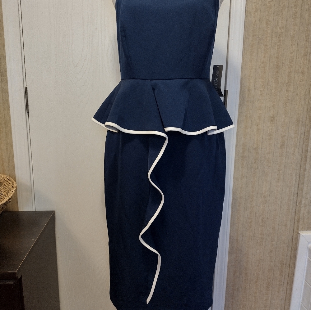 Eve Mendez Size 8P Navy Peplum Sheath Dress with White Trim